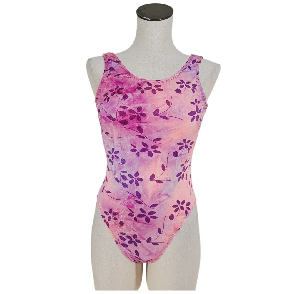 Satara VTG Asymmetric Cutout Glittered Floral Tank Leotard Size AL Pink Marble - Picture 6 of 16
